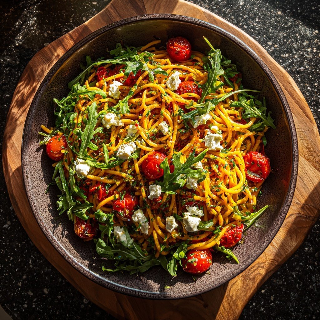 Mediterraner Nudelsalat Mit Rucola Blättern