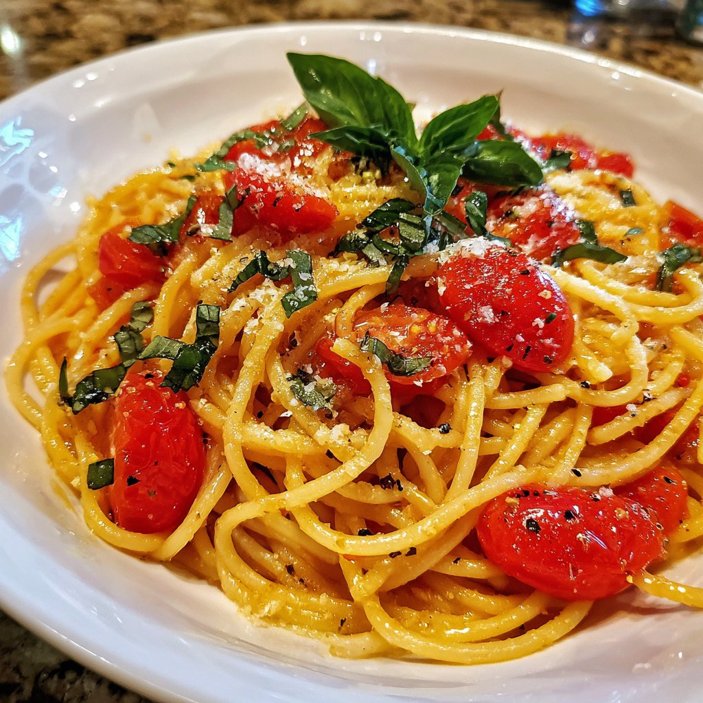 Spaghetti mit Tomaten und Basilikum